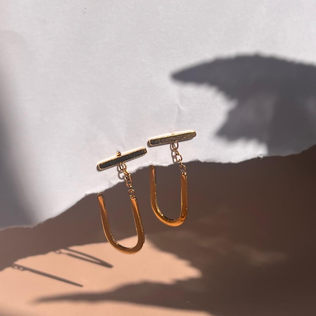 Golden Minimalist U-Shaped Dangle Earrings | Stainless Steel Waterproof Jewelry | Modern Elegant Gift