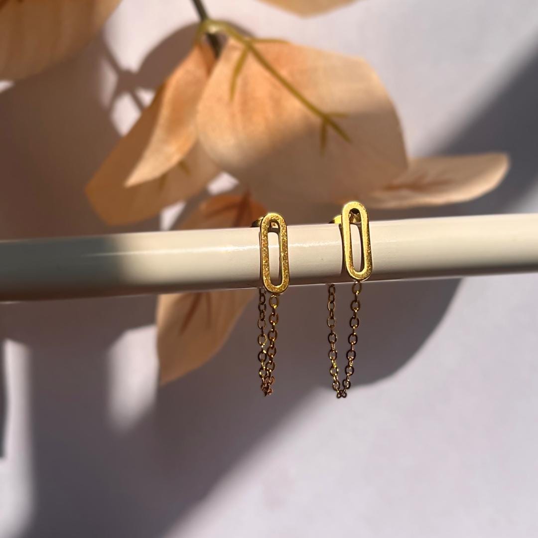 Minimalist Double Chain Studs | Waterproof Stainless Steel Modern Earrings | Elegant Everyday Jewelry