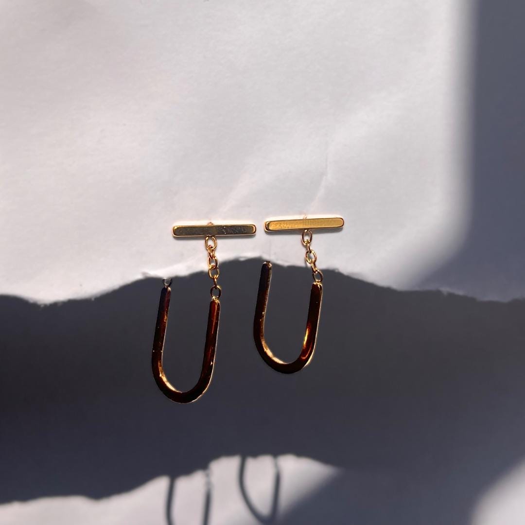 Golden Minimalist U-Shaped Dangle Earrings | Stainless Steel Waterproof Jewelry | Modern Elegant Gift