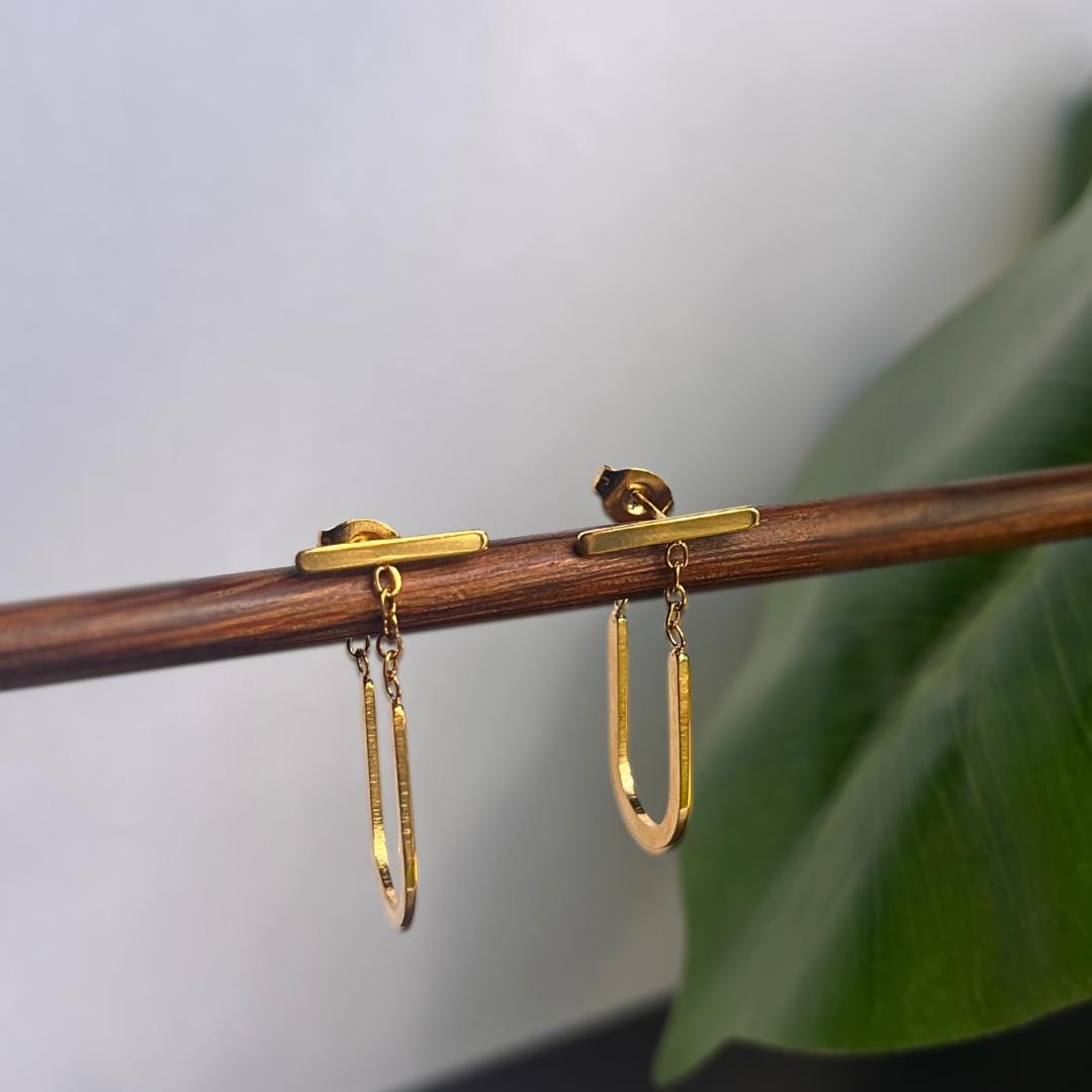 Golden Minimalist U-Shaped Dangle Earrings | Stainless Steel Waterproof Jewelry | Modern Elegant Gift